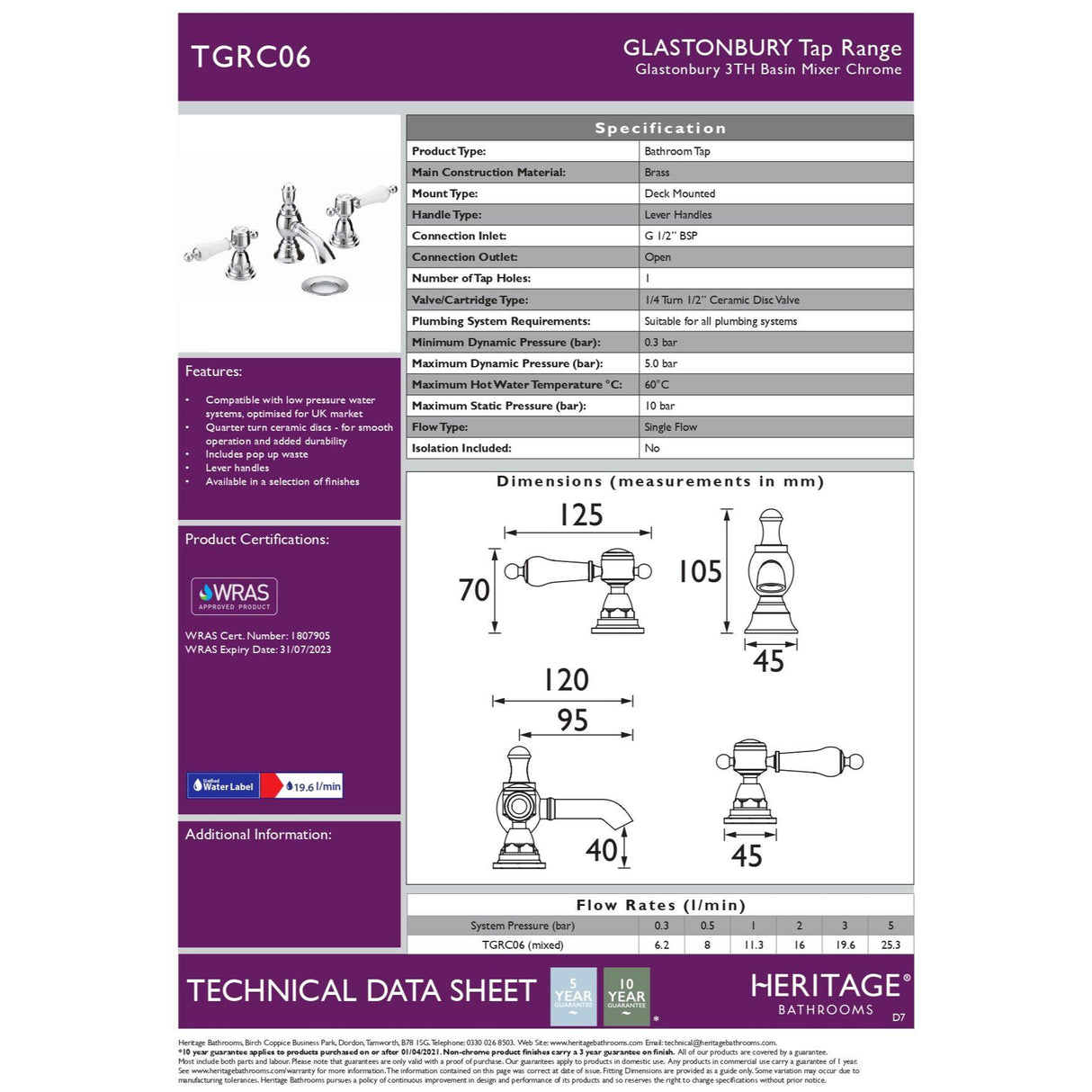 Heritage Glastonbury 3 Tap Hole Basin Mixer Tap
