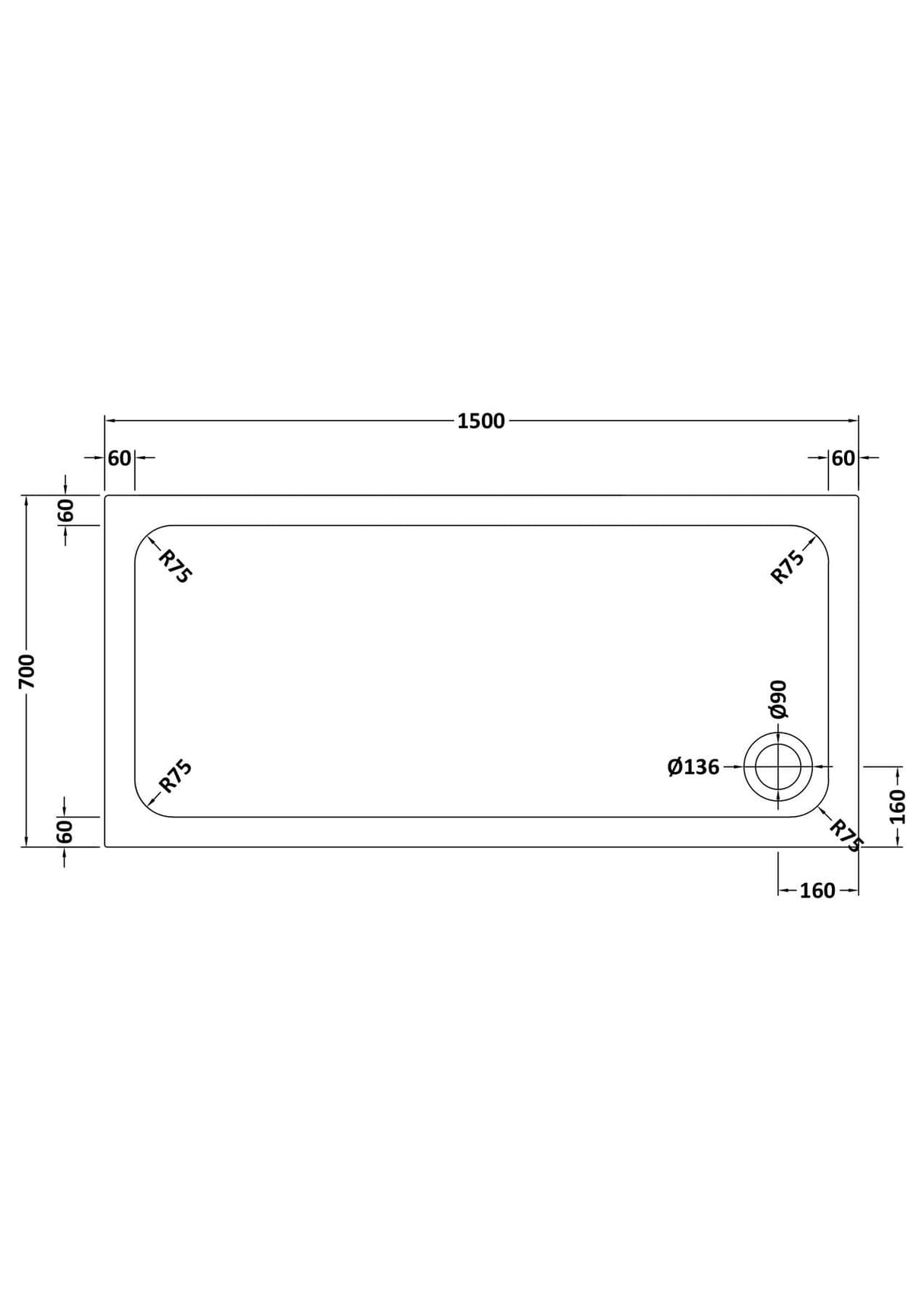 Aquarius Bathrooms Rectangle Shower Tray 1500x700mm Aquarius Urbano Rectangular 45mm Stone Resin Shower Tray in White