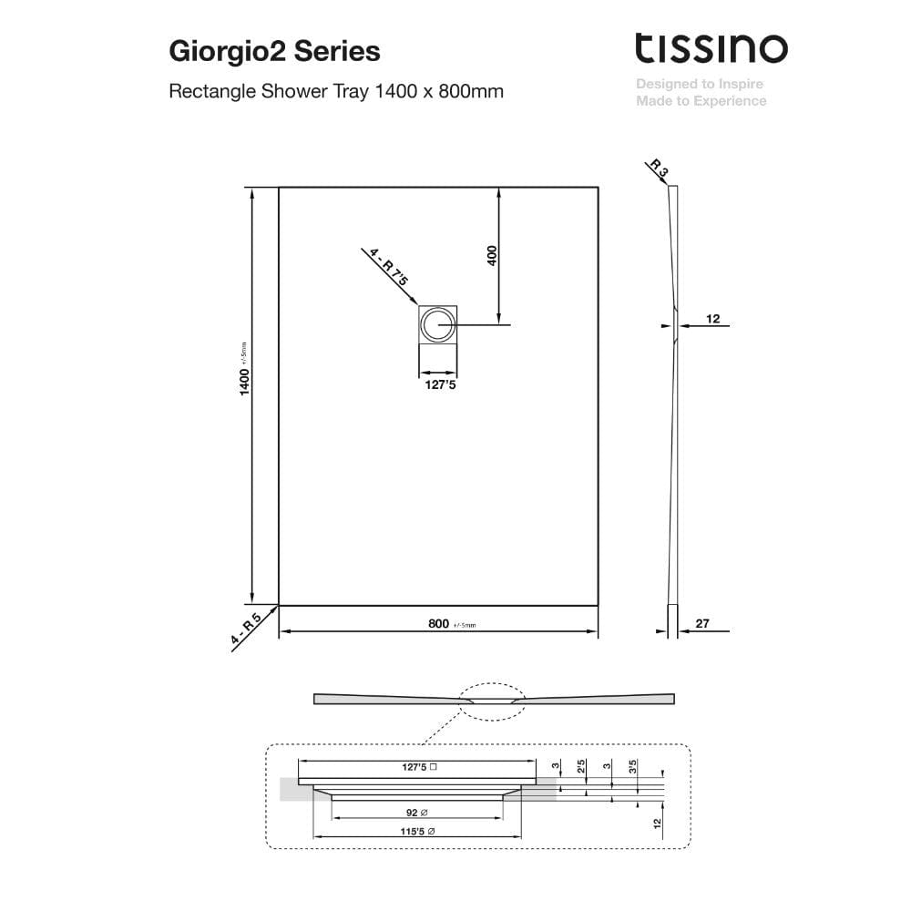 Tissino Rectangle Shower Tray 1400 x 800mm Tissino Giorgio2 Rectangle Shower Tray in Graphite Slate
