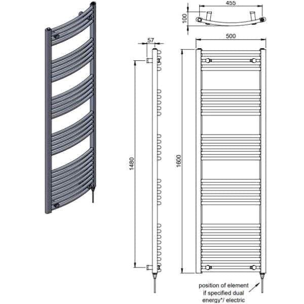 Vogue 1600 x 500 / Dual Fuel Vogue Combes Curved Ladder Towel Rail in Chrome