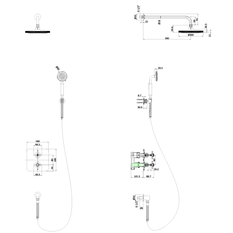Burlington Concealed Shower Set Burlington Guild Square 1 Outlet, 2 Handle Concealed Thermostatic Shower Valve with Fixed Shower Arm & Head, Holder & Handset with Hose & Outlet Elbow