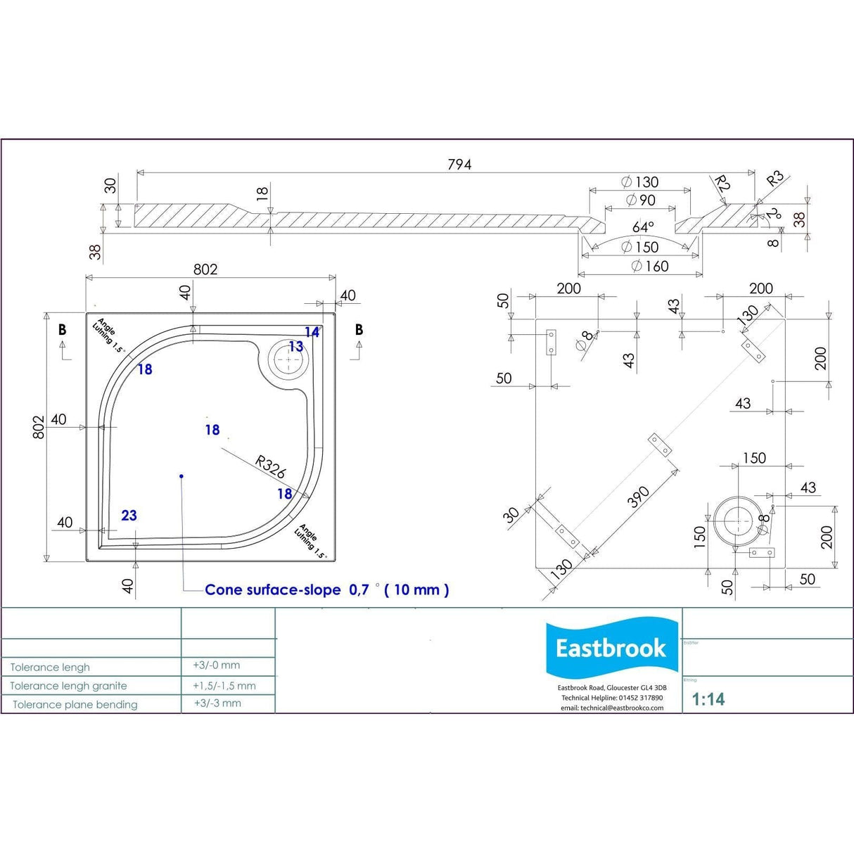 Eastbrook Square Shower Tray 800 x 800mm Eastbrook Vanguard Stone 25mm Square Shower Tray