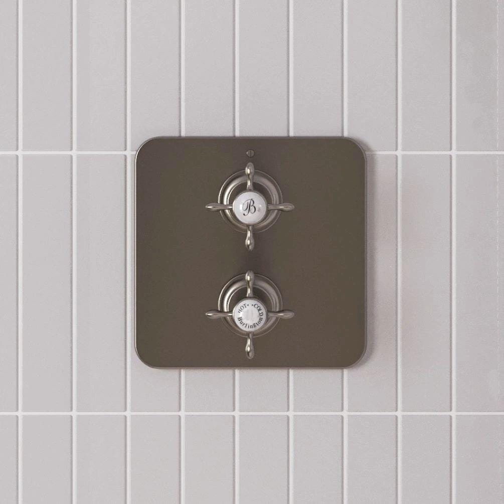 Burlington Concealed Shower Set Burlington Guild Square 1 Outlet, 2 Handle Concealed Thermostatic Shower Valve with Fixed Shower Arm & Head, Rail, Hose, Handset & Outlet Elbow