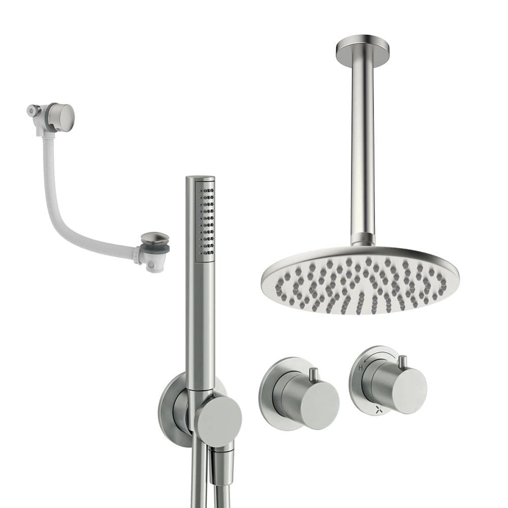 UK Bathroom Store Concealed Shower Set Brushed Nickel / Ceiling Arm / 200mm Crosswater Module Shower Set 9 - 3 Outlet with Pencil Handset, Overhead Shower and Overflow Filler