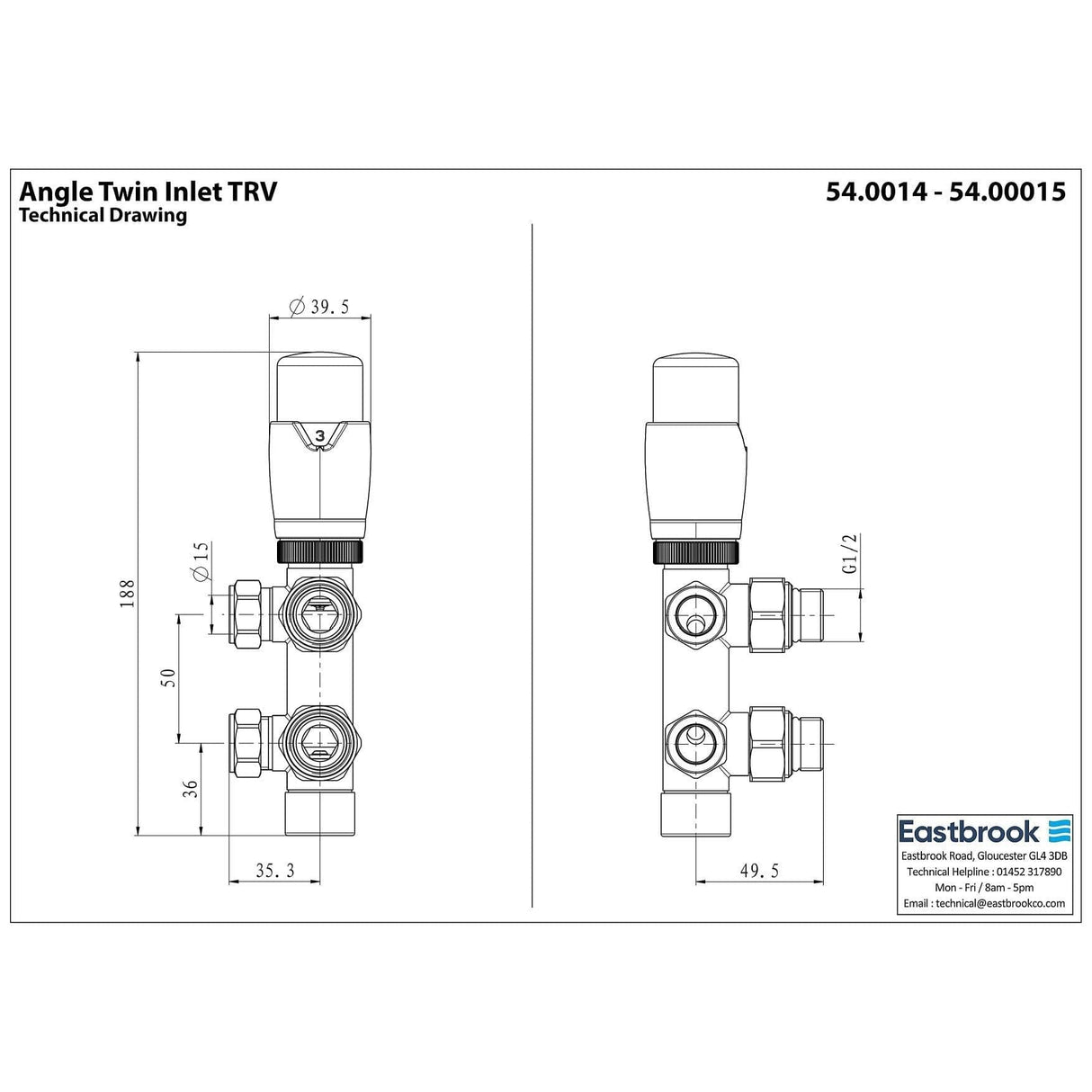 Eastbrook Radiator Valve Eastbrook Angled Twin Inlet Thermostatic Radiator Valve 15mm