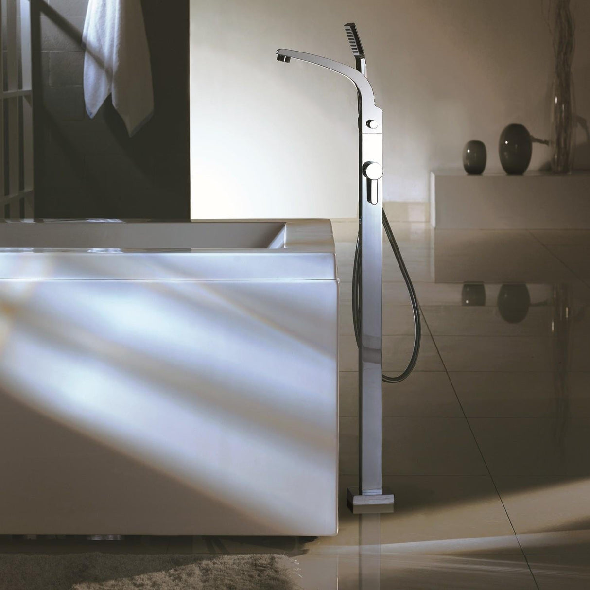 Flova Freestanding Bath Filler Flova Essence Floor Standing Bath and Shower Mixer with Shower Set in Diamond Chrome