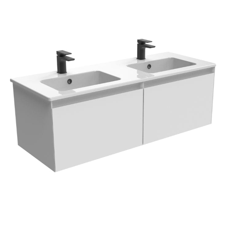 Saneux Wall Mounted Vanity Unit Matte White / 0 Hole Saneux Uni Vanity Unit With Double Basin - 1200 x 470mm - Two Drawer - Wall Mounted