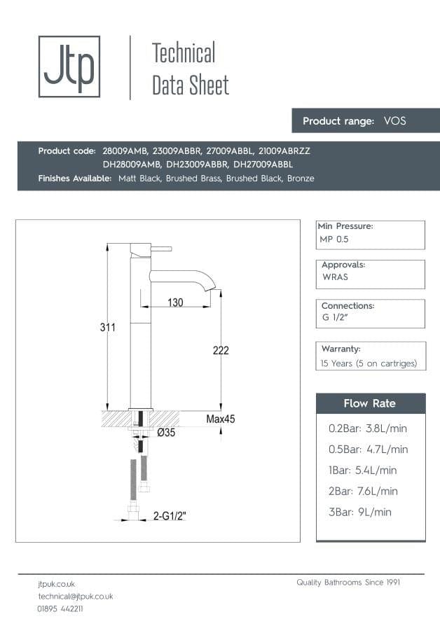 JTP Tall Basin Tap JTP VOS Single Lever Tall Basin Mixer Tap