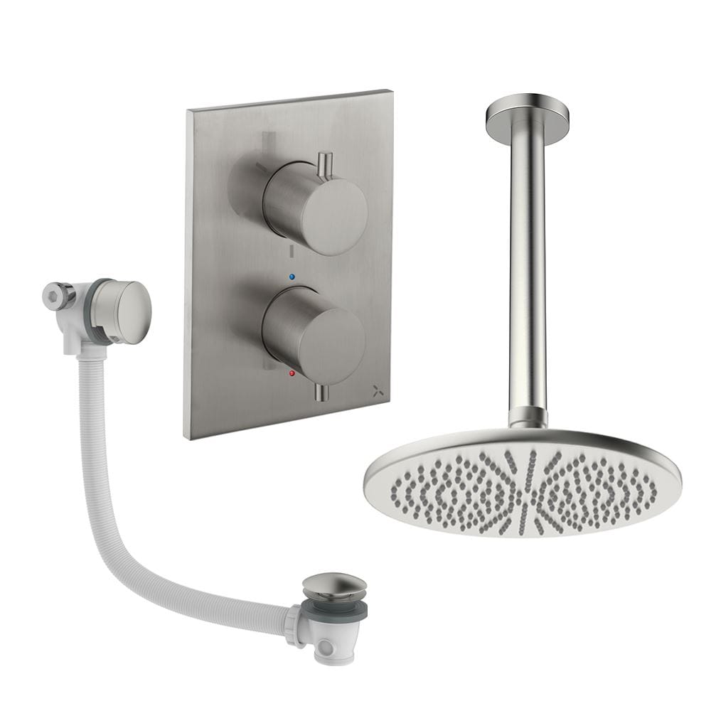 UK Bathroom Store Concealed Shower Set Brushed Nickel / Ceiling Arm / 300mm Crosswater Crossbox Shower Set 7 - 2 Outlet with Fixed Overhead Shower and Overflow Bath Filler Waste