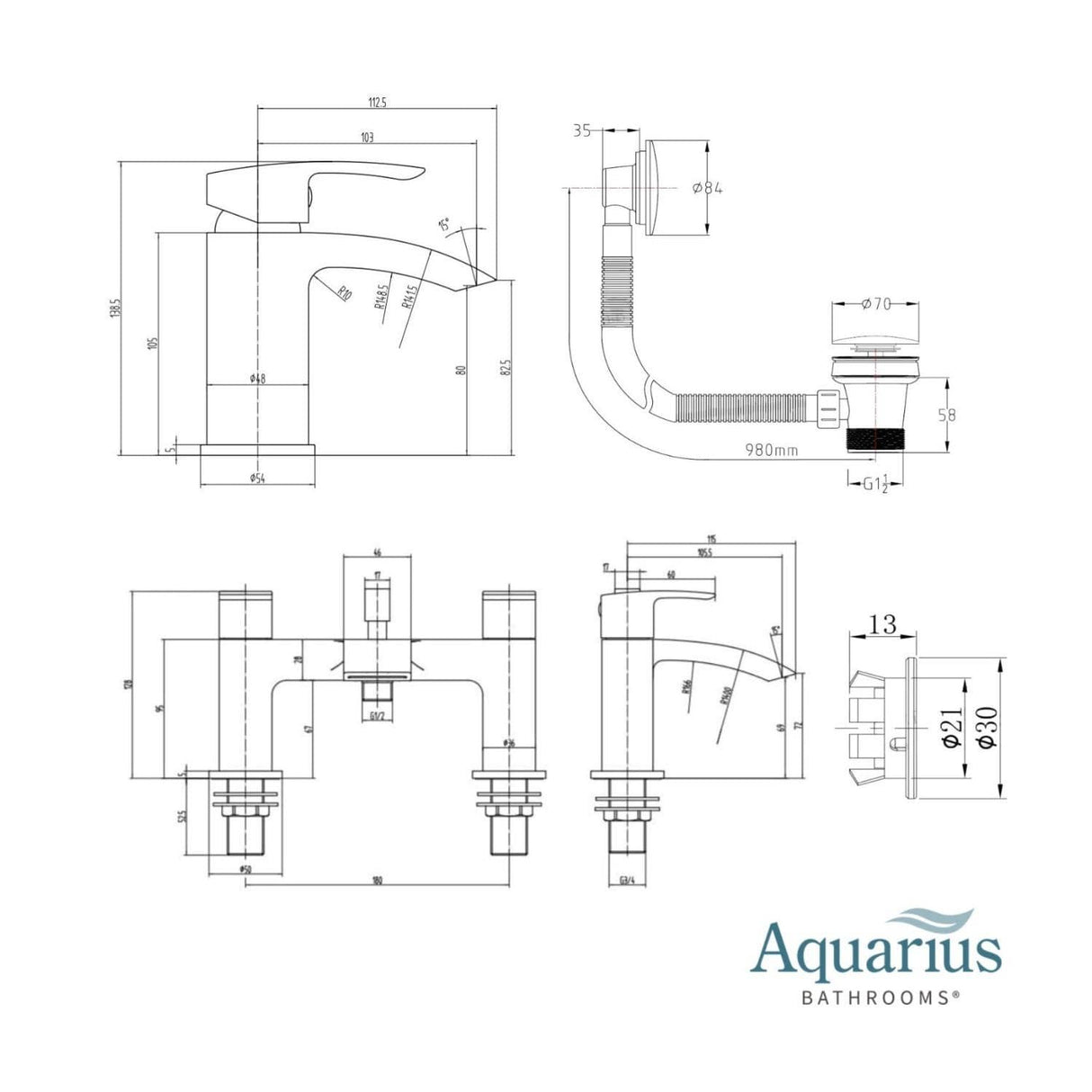 Aquarius Bathrooms Bath Mixer Aquarius Arc Complete Brassware Pack with Mono Basin Tap, Bath Mixer and Wastes