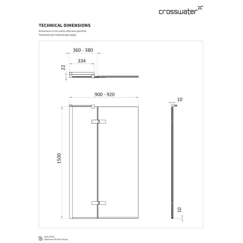 Crosswater Bath Screen Crosswater Optix 10 Bathscreen Single with Inline Panel 900mm with 90 Degree Left Handed Opening in Polished Stainless Steel
