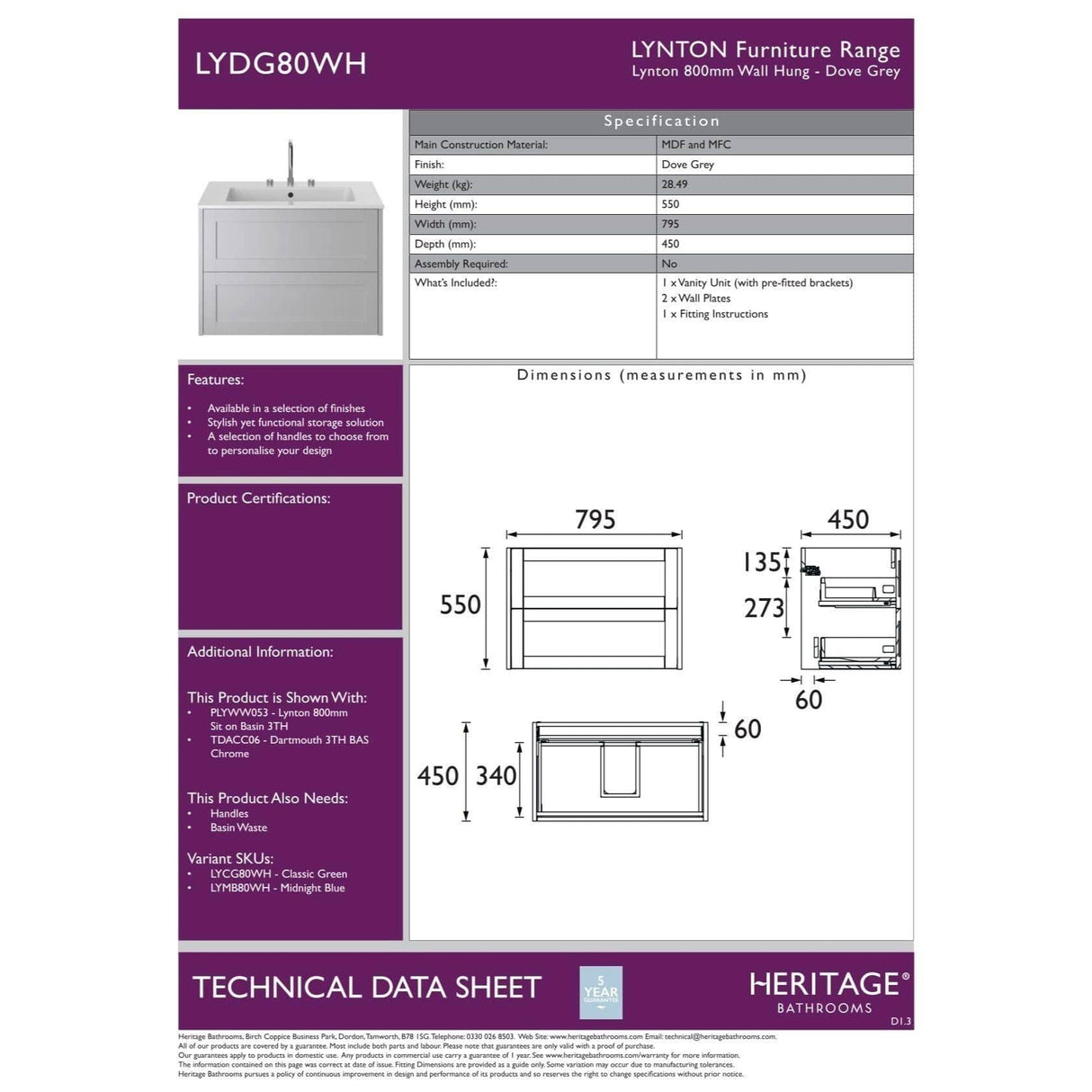 Heritage Wall Mounted Vanity Unit Heritage Lynton 600mm Wall Mounted Vanity Unit with Basin