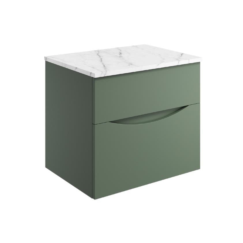 Crosswater Wall Mounted Vanity Unit Sage Green / Carrara Marble Effect / 600mm Crosswater Glide II 2 Drawer Vanity Unit with Worktop