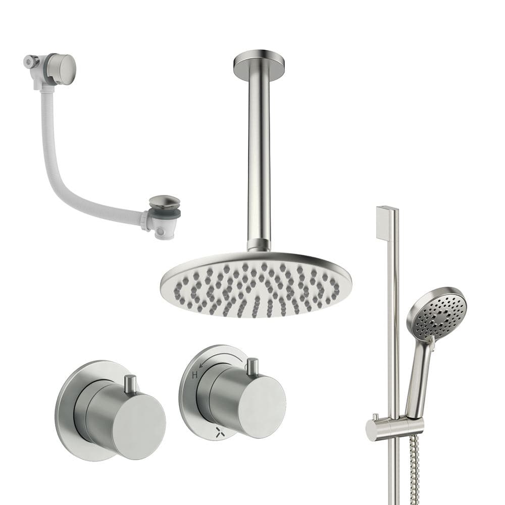 UK Bathroom Store Concealed Shower Set Brushed Nickel / Ceiling Arm / 200mm Crosswater Module Shower Set 7 - 3 Outlet with Riser Rail Kit, Overhead Shower and Overflow Bath Filler