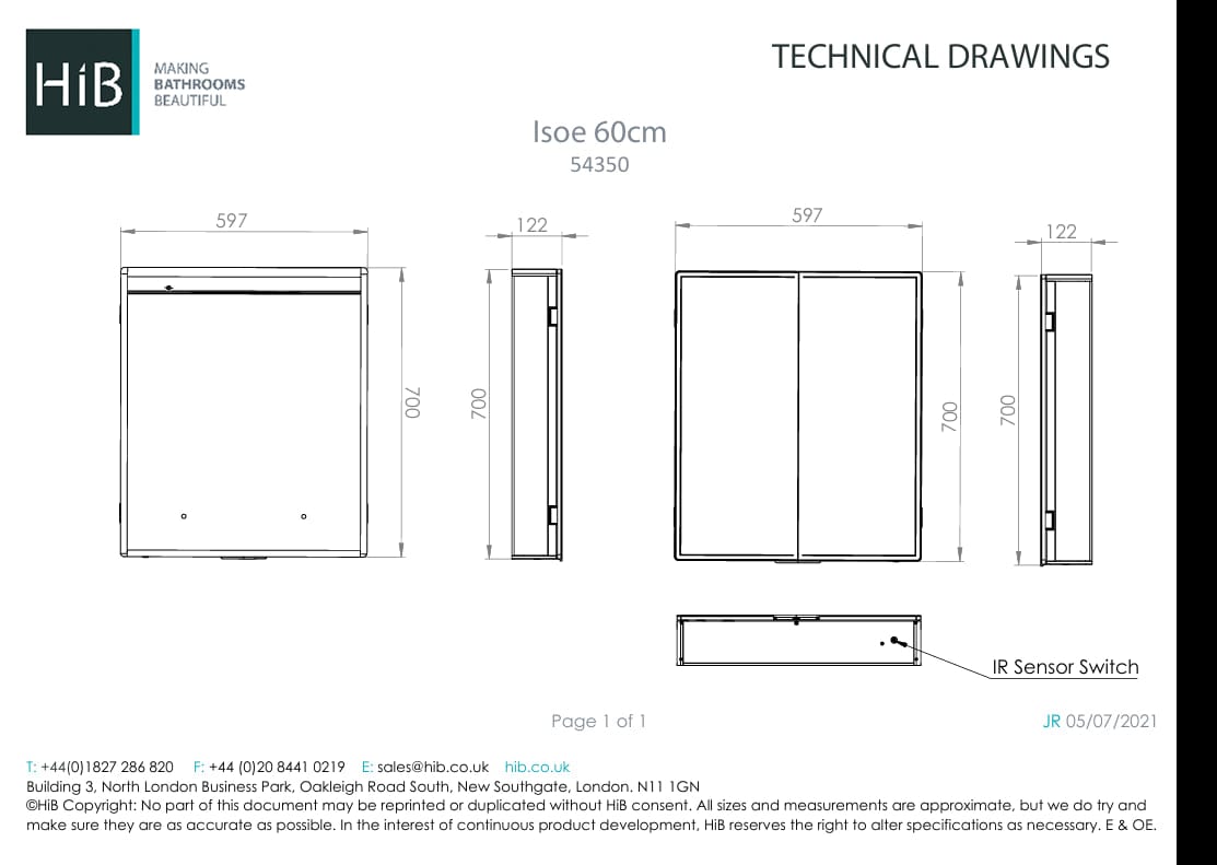 HiB Mirrored Cabinet 600 x 700mm HiB Isoe LED Mirror Cabinet
