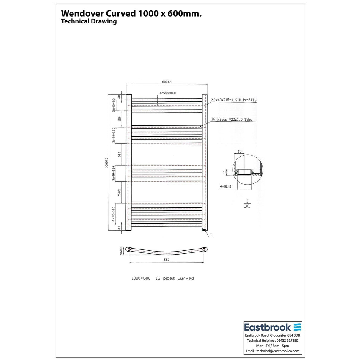 Eastbrook Ladder Rail Eastbrook Wendover Curved Vertical Heated Towel Rail - 1000mm x 600mm in Chrome