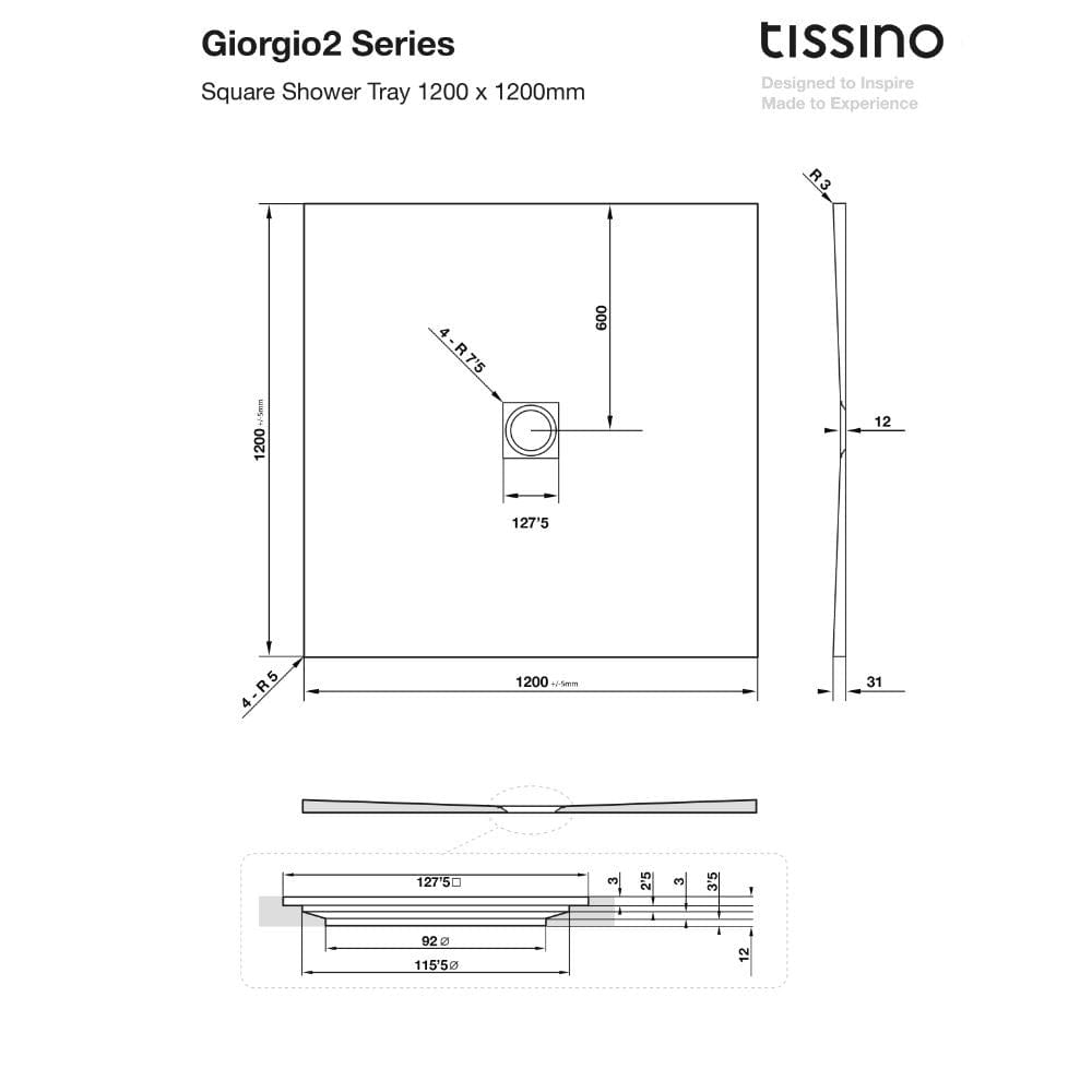 Tissino Rectangle Shower Tray 1200 x 1200mm Tissino Giorgio2 Rectangle Shower Tray in Grey Slate