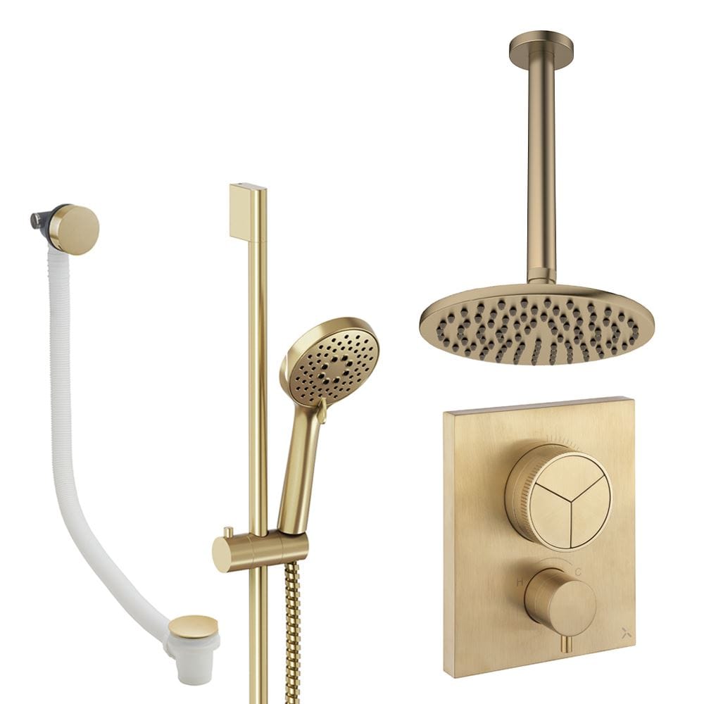 UK Bathroom Store Concealed Shower Set Brushed Brass / Ceiling Arm / 200mm Crosswater Crossbox Push Shower Set 8 - 3 Outlet with Fixed Overhead Shower, Slide Rail Kit and Overflow Bath Filler Waste