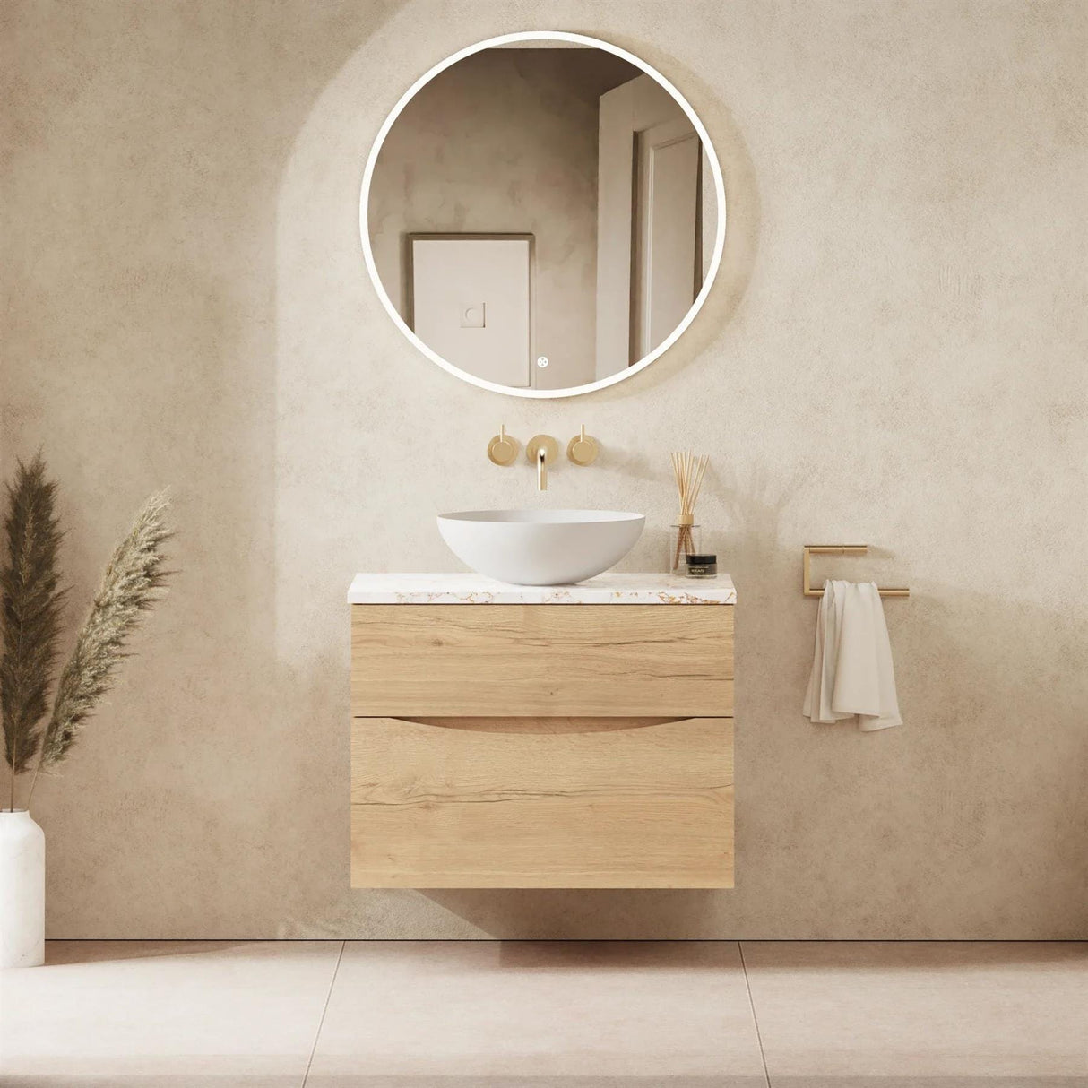 Crosswater Wall Mounted Vanity Unit 700mm / Windsor Oak / Gold Vein Estatuario Crosswater Glide II Wall Mounted Two Drawer Vanity Unit with Worktop