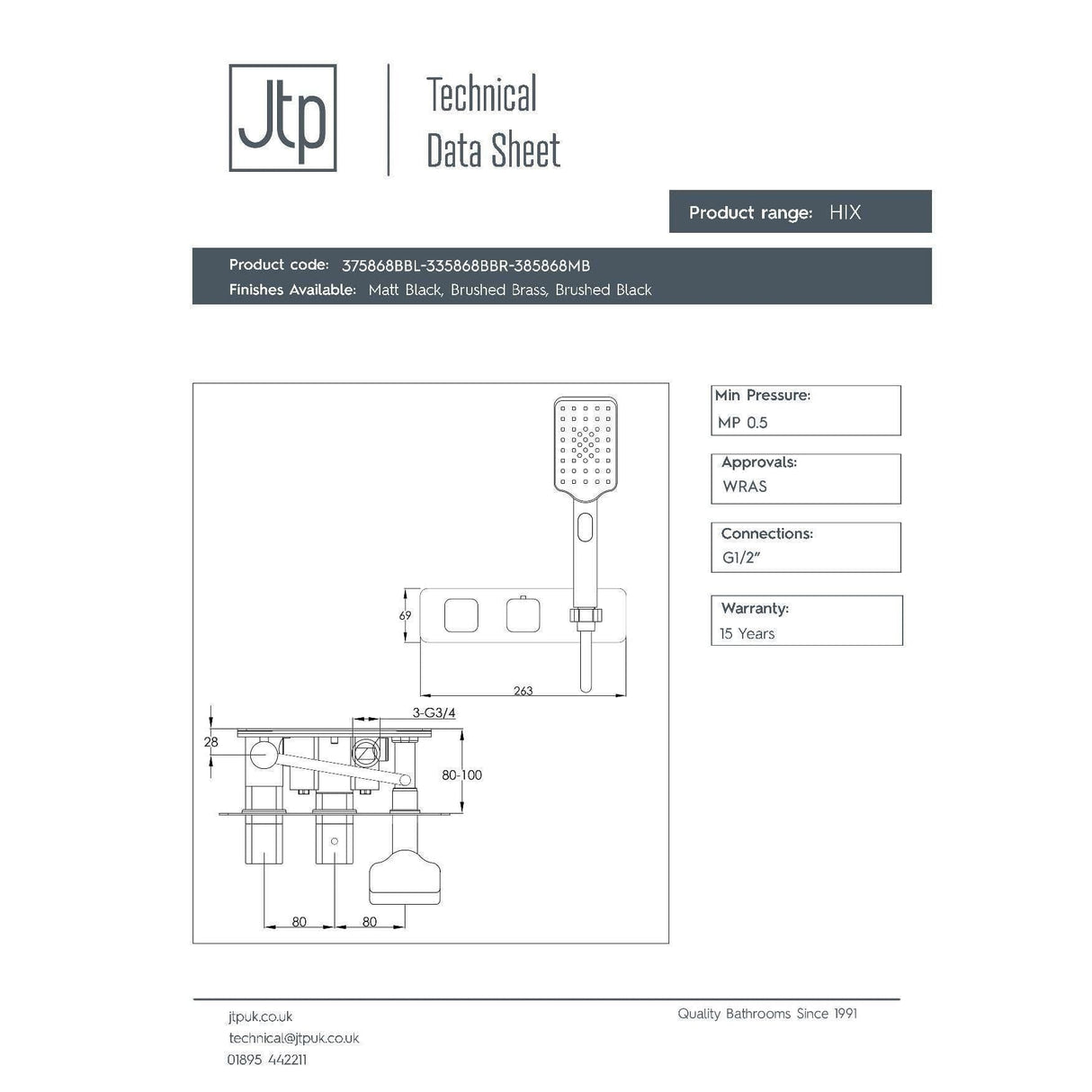 JTP Concealed Shower Valve JTP HIX 2 Outlet, 2 Handle Thermostatic Concealed Shower Valve with Shower Handset and Hose