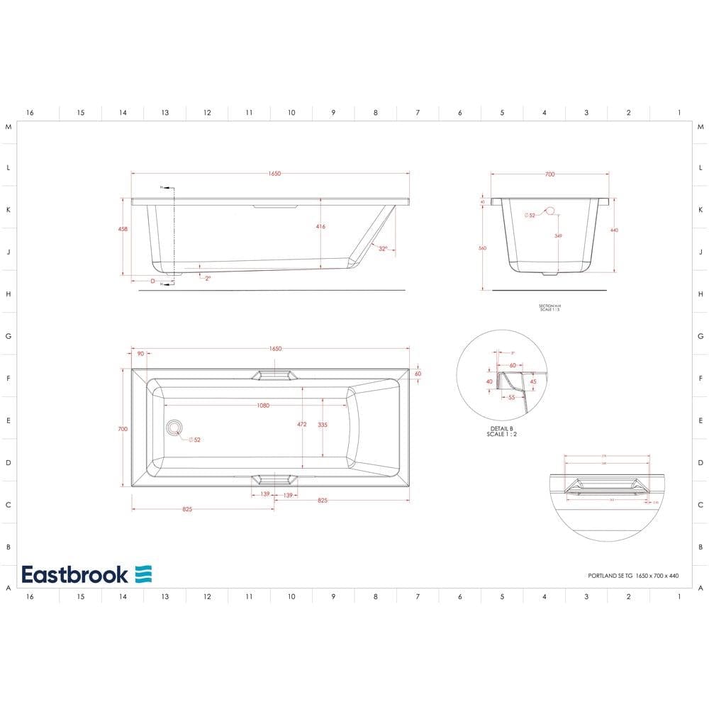 Eastbrook Single Ended Bath 1650 x 700mm / 5mm Eastbrook Portland Single Ended Bath with Twin Grips