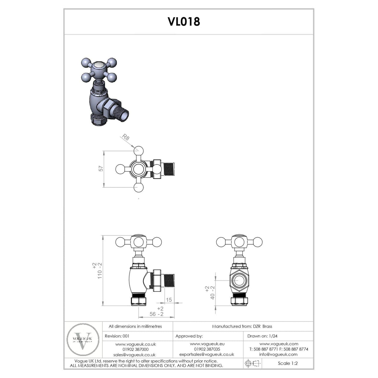 Vogue Radiator Valves Vogue Crosshead 2 Traditional Manual Angled Radiator Valve (Pair) in Chrome
