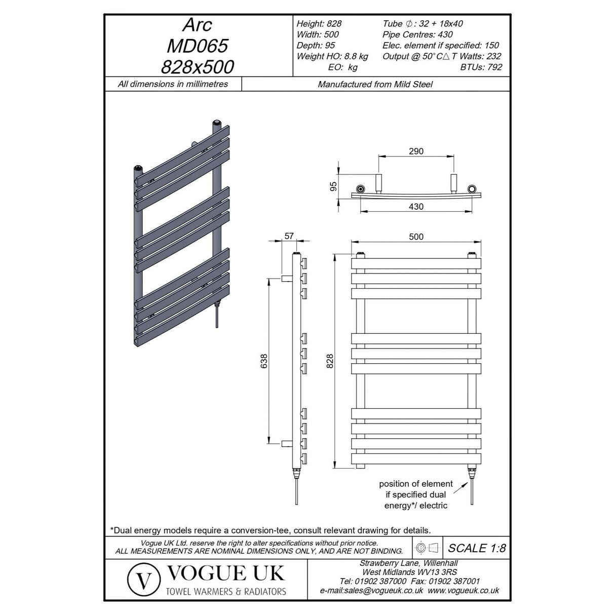 Vogue Designer Towel Radiator 828 x 500 / Electric Only Vogue Arc Designer Towel Radiator in Chrome