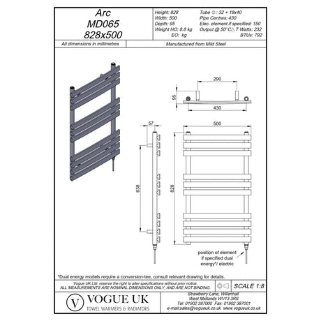 Vogue Designer Towel Radiator 828 x 500 / Electric Only Vogue Arc Designer Towel Radiator in Chrome
