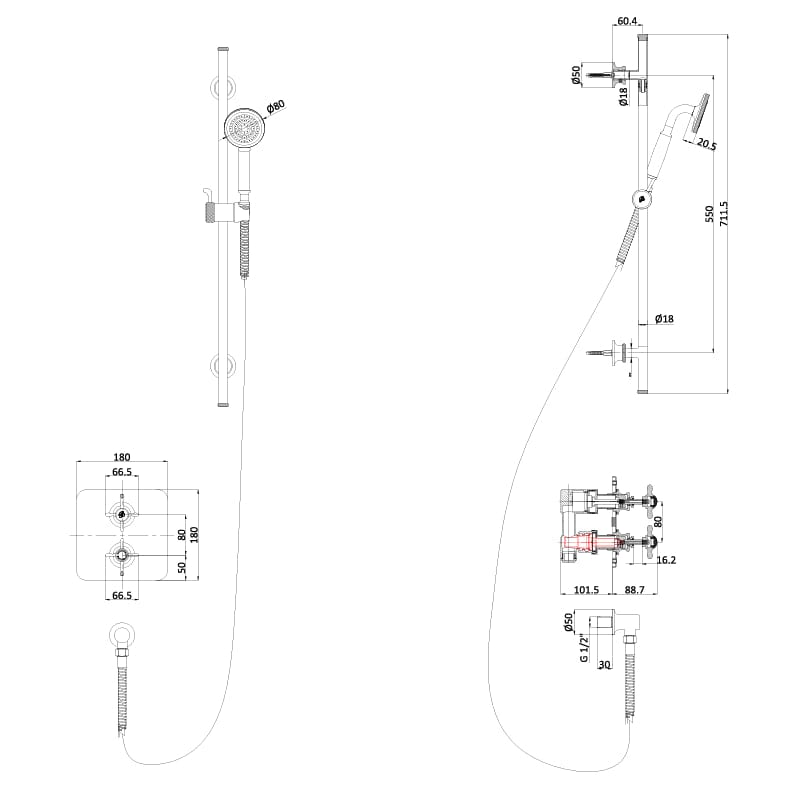 Burlington Concealed Shower Set Burlington Guild Square 1 Outlet, 2 Handle Concealed Thermostatic Shower Valve with Rail, Hose, Handset & Outlet Elbow