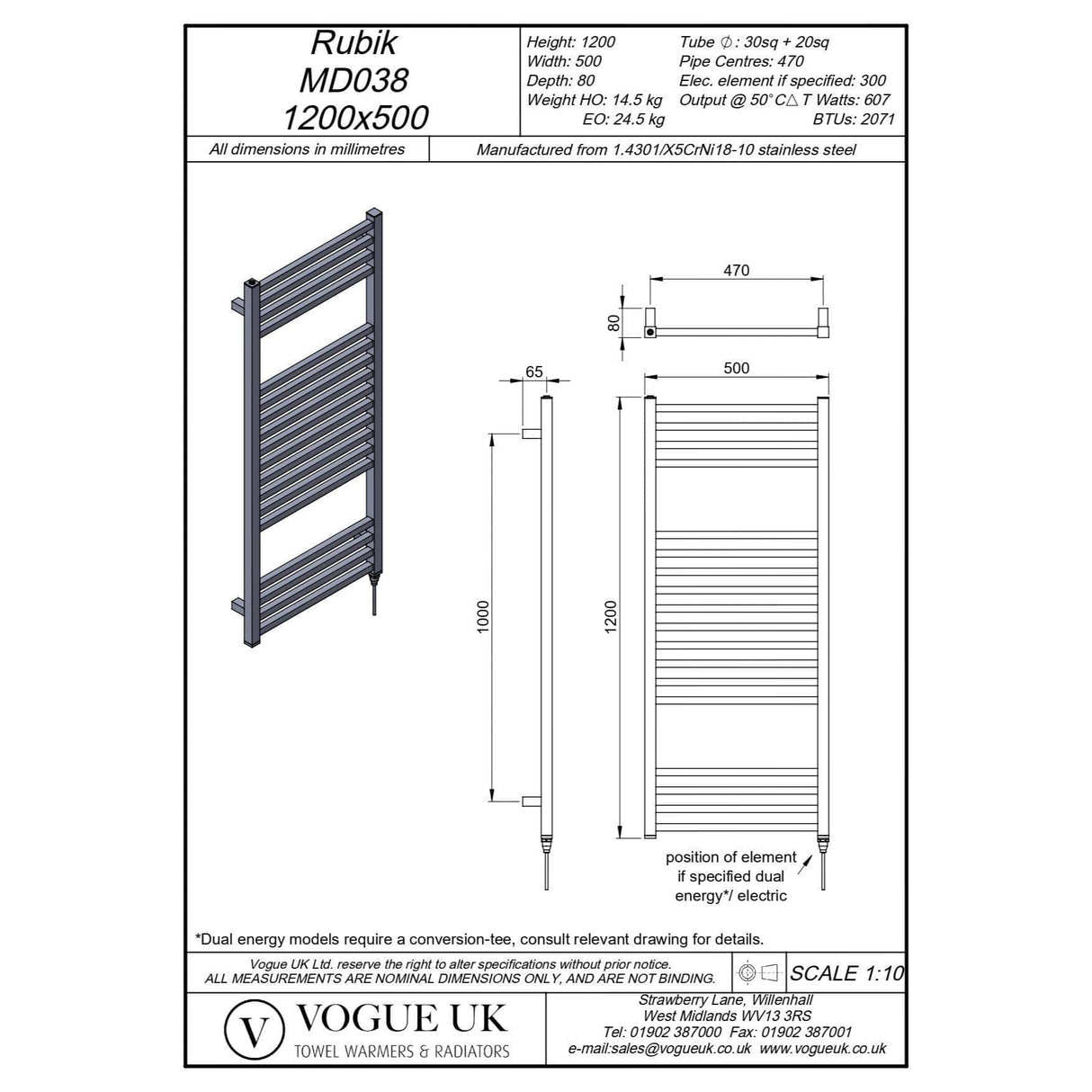 Vogue Designer Towel Radiator 1200 x 500 / Electric Only Vogue Rubik Designer Towel Radiator in Polished Stainless Steel