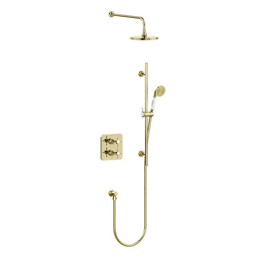 Burlington Concealed Shower Set Gold Burlington Guild Square 1 Outlet, 2 Handle Concealed Thermostatic Shower Valve with Fixed Shower Arm & Head, Rail, Hose, Handset & Outlet Elbow