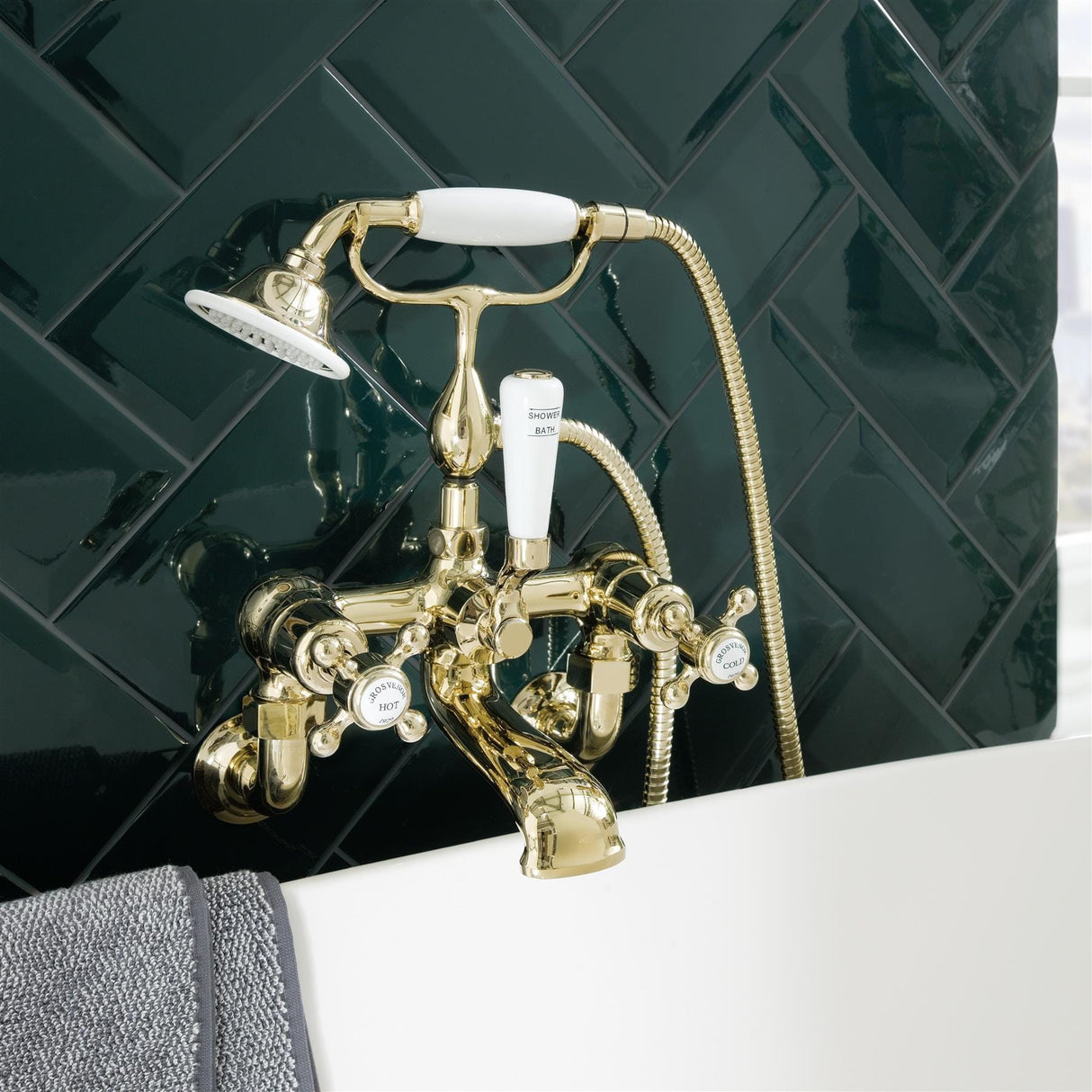 JTP Bath Shower Mixer Polished Gold JTP Grosvenor Cross Wall Mounted Bath Shower Mixer with Kit