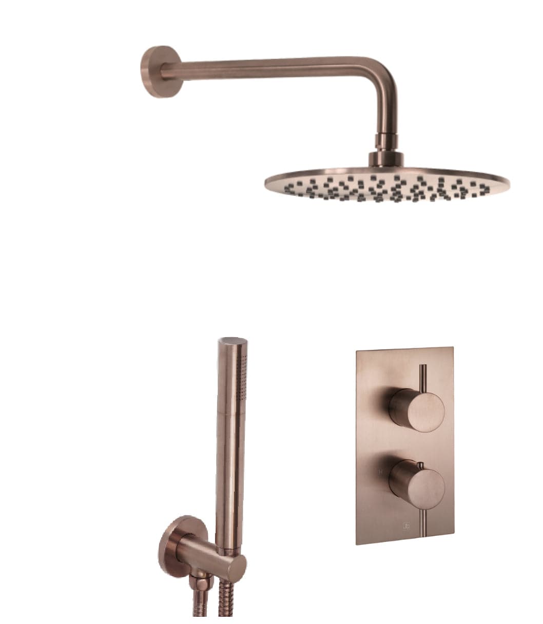 JTP Shower Set Brushed Bronze JTP VOS Thermostatic Concealed Dual Outlet, 2 Handle Shower Kit with Showerhead and Headset
