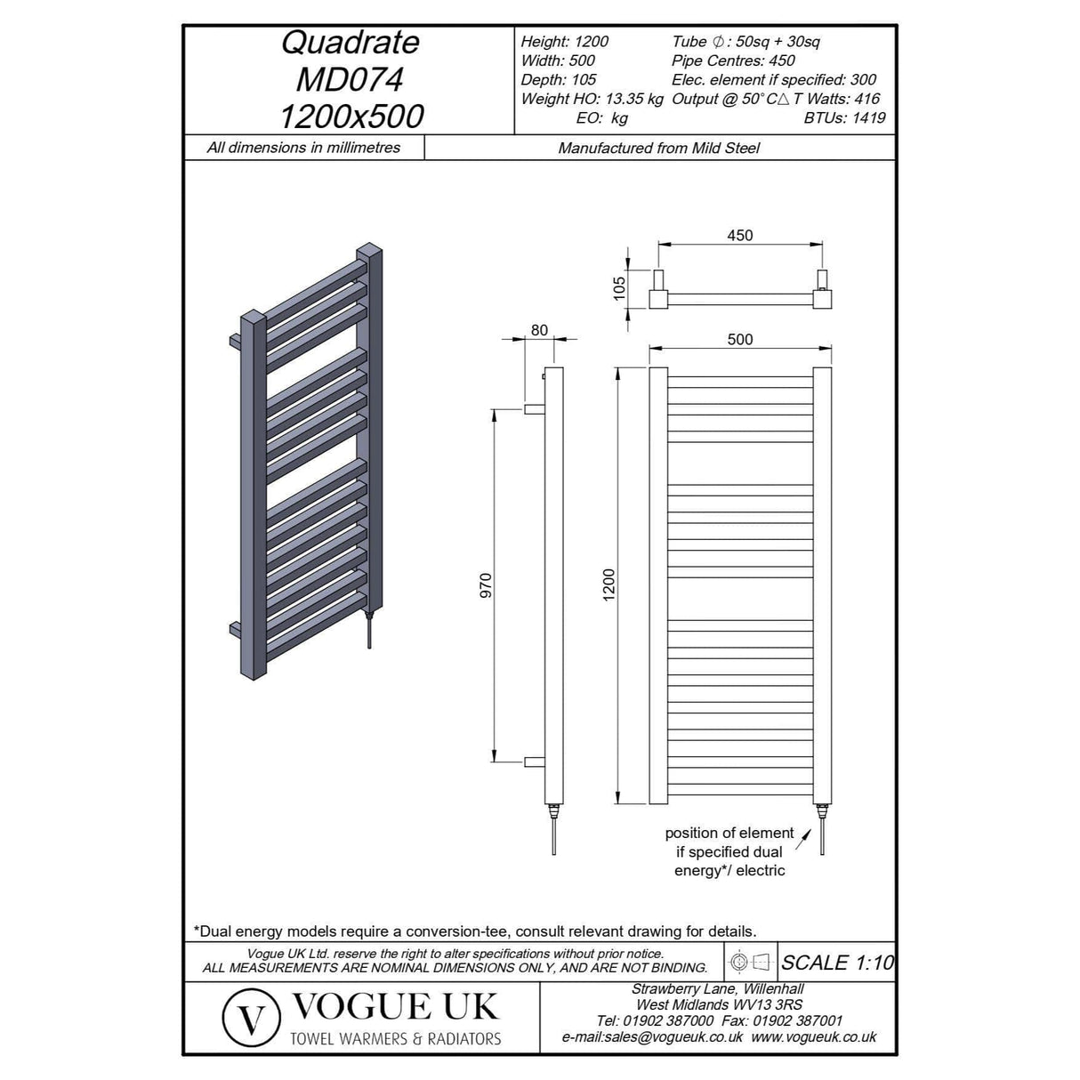 Vogue Designer Towel Radiator 1200 x 500 / Electric Only Vogue Quadrate Straight Designer Towel Radiator in Chrome