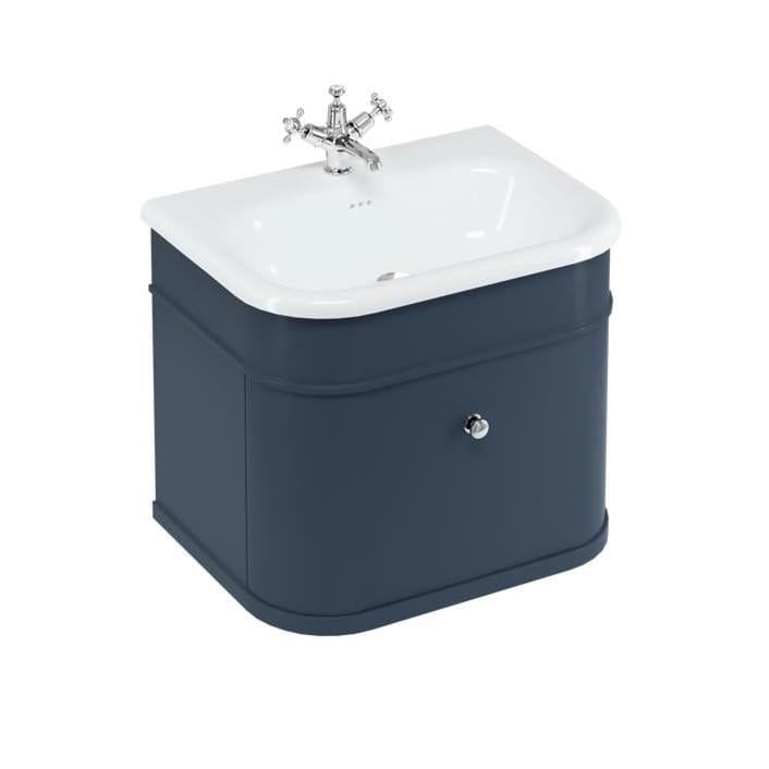 Burlington Wall Mounted Vanity Unit Blue / Natural Stone Roll Top Basin - 1 Tap Hole / Brushed Nickel Burlington Chalfont 650mm Wall Mounted Single Drawer Vanity Unit with Basin