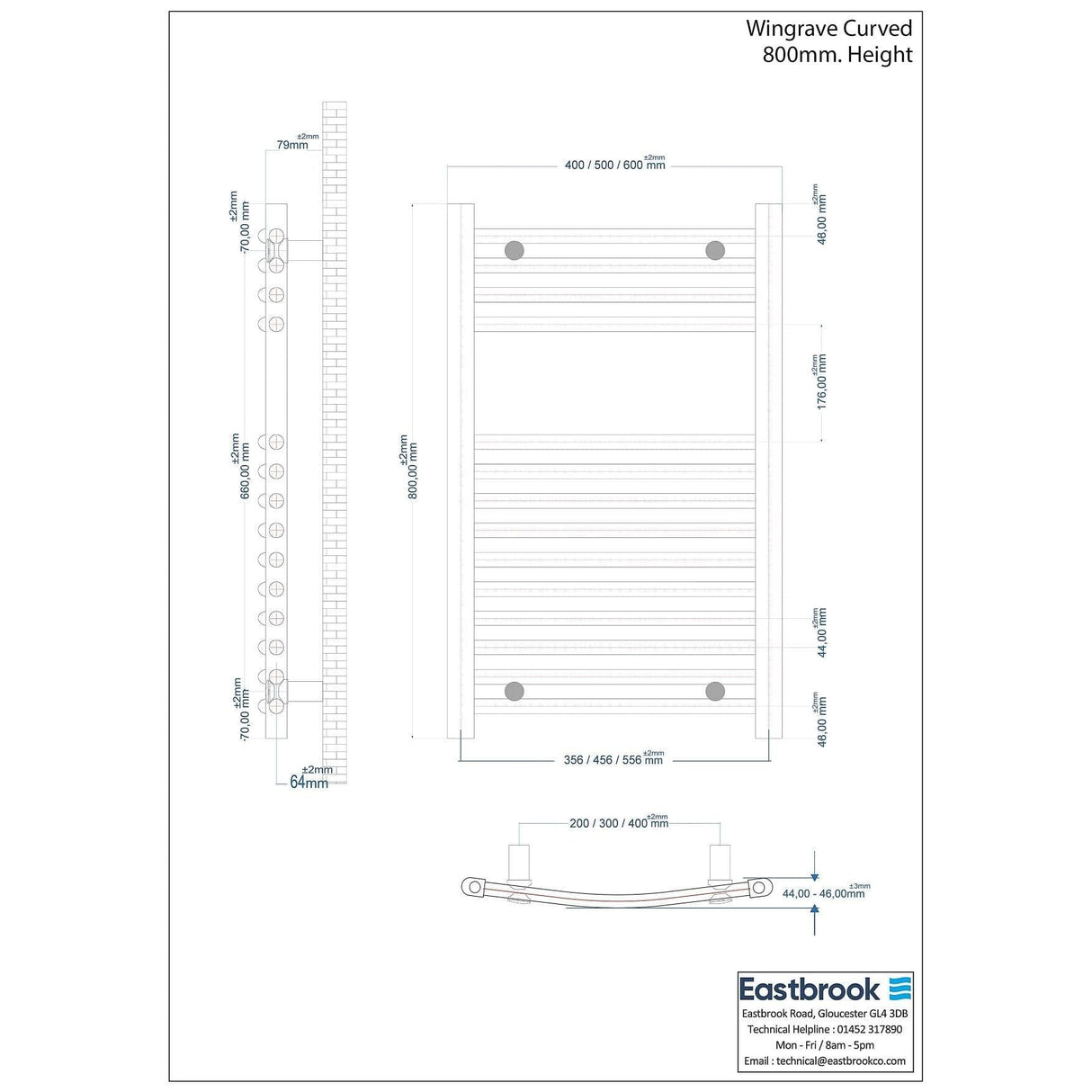 Eastbrook Ladder Rail Eastbrook Wingrave Vertical Curved Heated Towel Rail - 800 x 500mm - Chrome