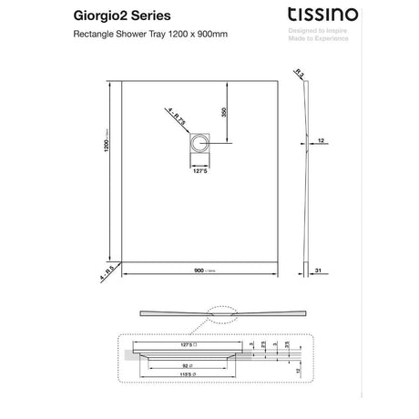 Tissino Rectangle Shower Tray 1200 x 900mm Tissino Giorgio2 Rectangle Shower Tray in White Slate