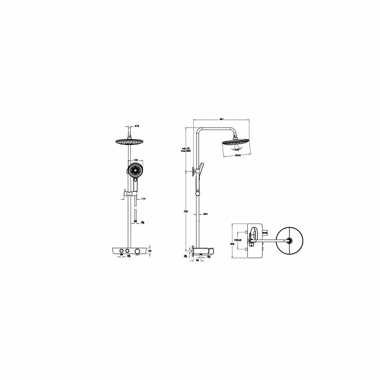 VitrA Exposed Shower Set VitrA Aquaheat Charm Exposed Thermostatic Valve Shower Set with Shelf, Adjustable Riser, 240mm Shower Head and Handset