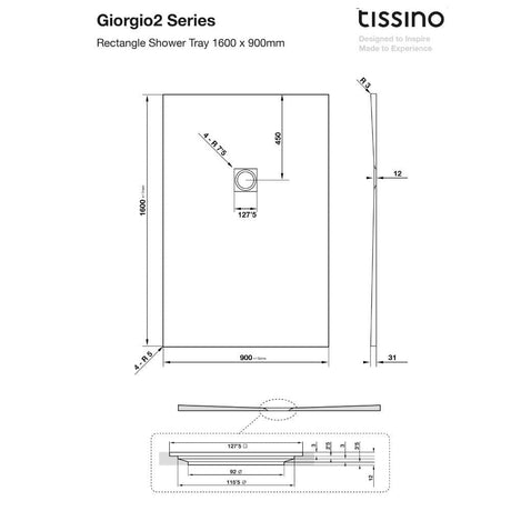 Tissino Rectangle Shower Tray 1600 x 900mm Tissino Giorgio2 Rectangle Shower Tray in White Slate