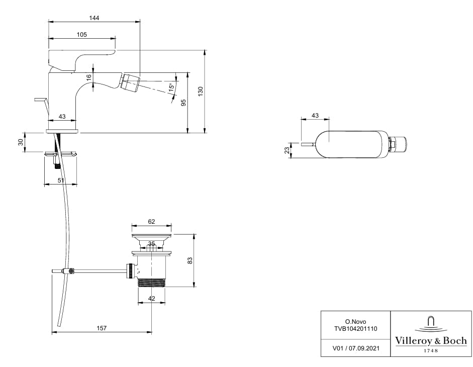 Villeroy & Boch Bidet Tap Villeroy & Boch O.Novo Single Lever Bidet Mixer Tap in Chrome