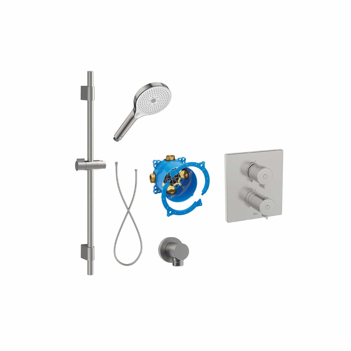 Roca Concealed Shower Set Stainless Steel Effect Roca T-500 Square Thermostatic Concealed Shower Valve with Shower Handset and Slide Rail Set