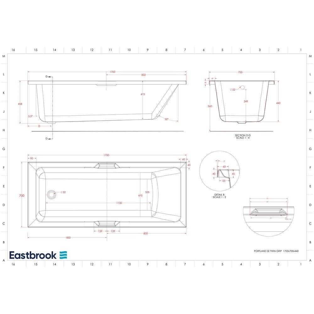 Eastbrook Single Ended Bath 1700 x 700mm / 5mm Eastbrook Portland Single Ended Bath with Twin Grips