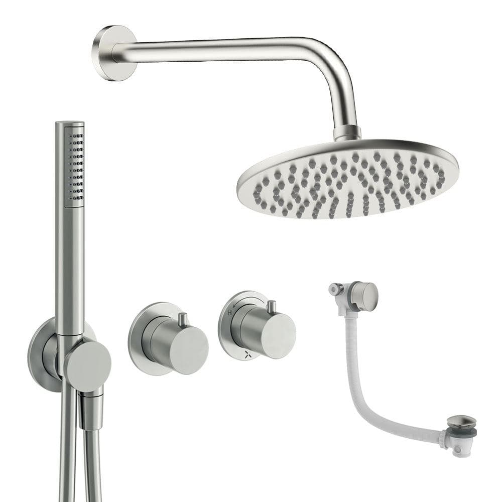 UK Bathroom Store Concealed Shower Set Brushed Nickel / Wall Arm / 200mm Crosswater Module Shower Set 9 - 3 Outlet with Pencil Handset, Overhead Shower and Overflow Filler