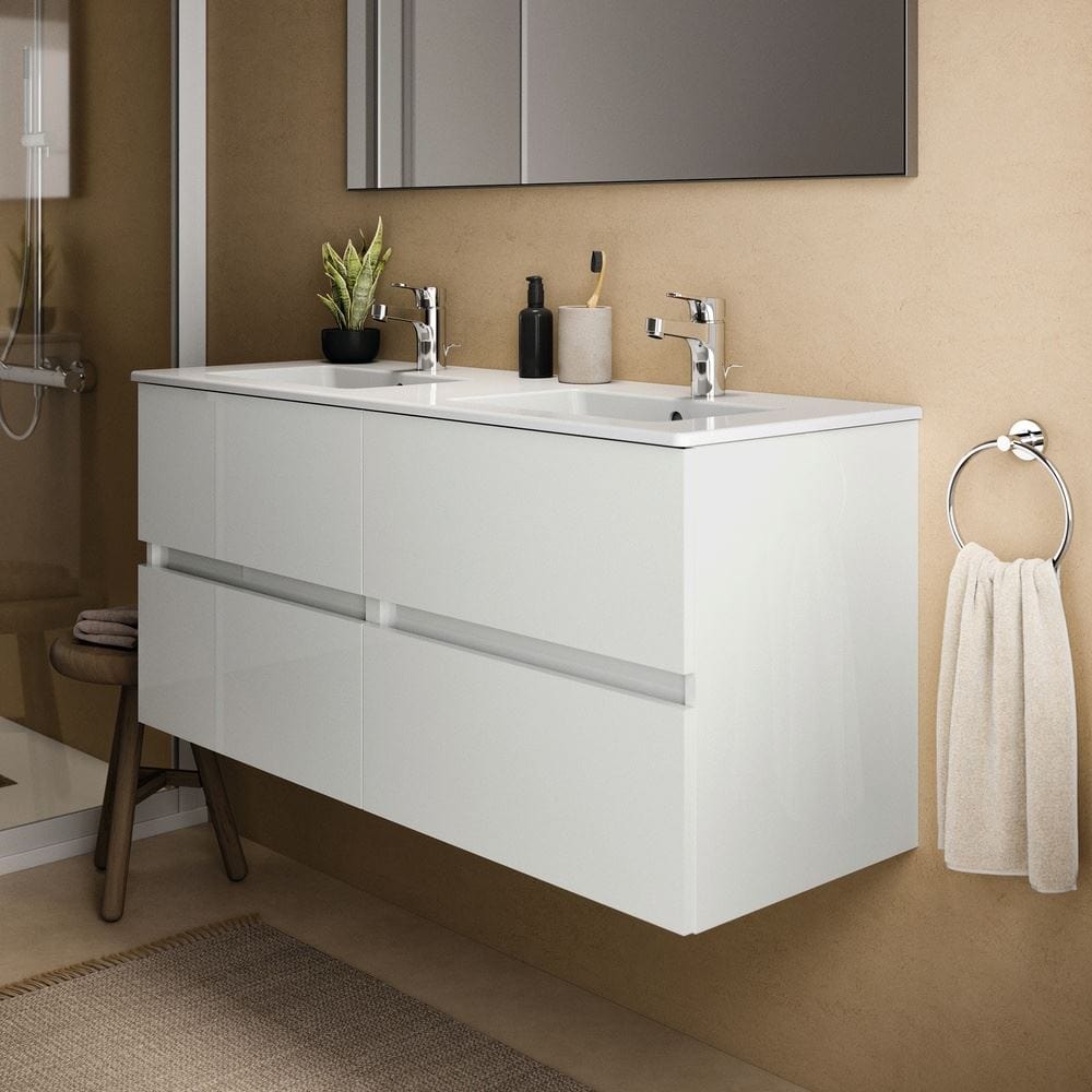 Ideal Standard Double Sink Vanity Unit Gloss White / Four Drawer Ideal Standard Eurovit+ 1200mm Wall Mounted Vanity Unit
