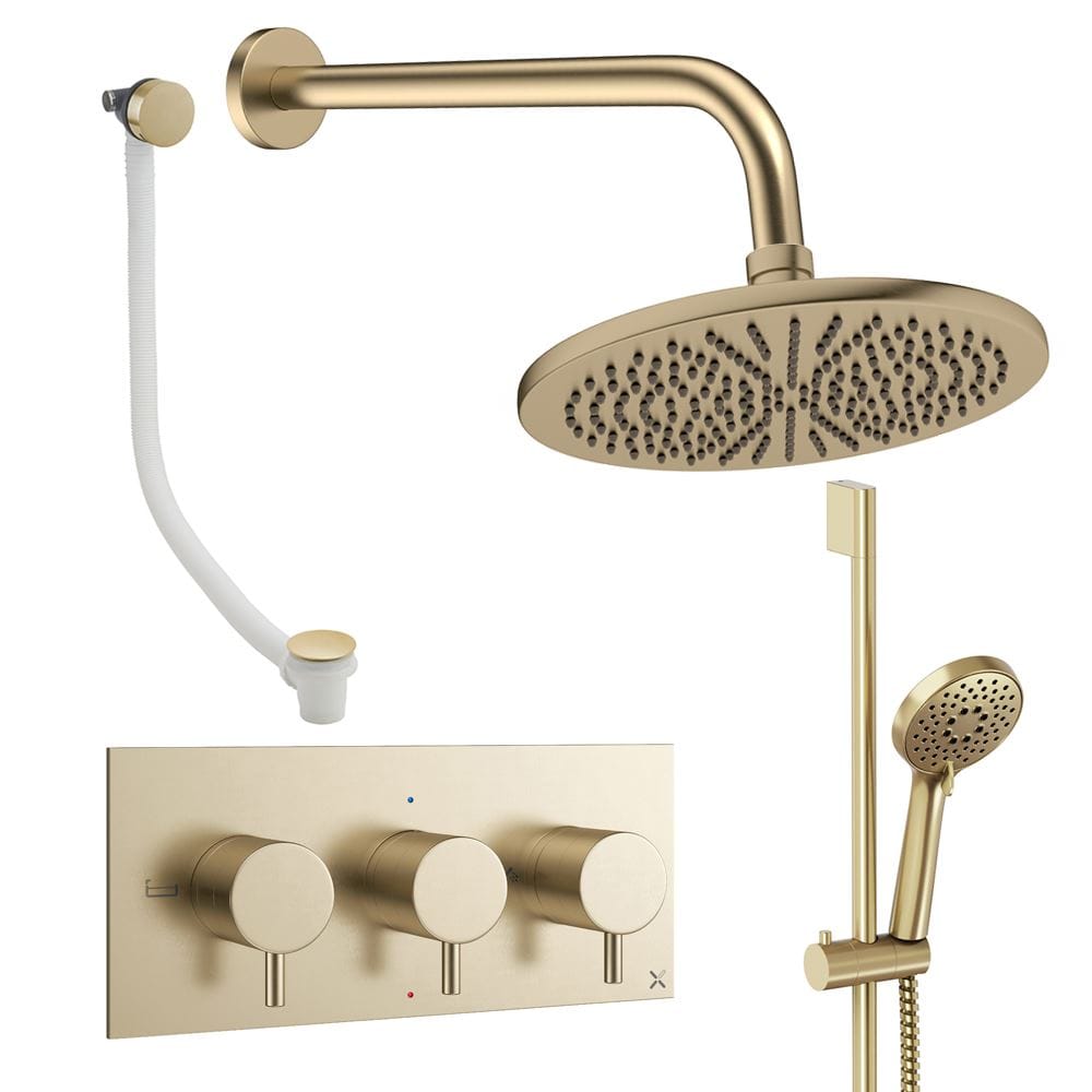 Crosswater Concealed Shower Set Brushed Brass / Wall Arm / 300mm Crosswater Design 3 Handle 3 Outlet Shower Set 9 with Slide Rail Kit, Rainfall Head and Overflow Bath Filler