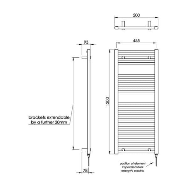 Vogue Ladder Rails Vogue Focus Straight Towel Rail - 1200 x 500mm - Central Heating - Chrome