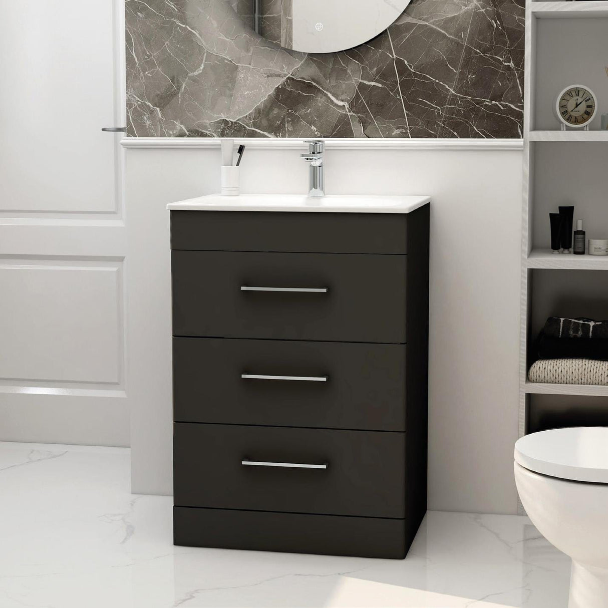 Imex Floor Standing Vanity Unit Matt Black / White Imex Croma Floor Standing Three Drawer 600mm Vanity Unit with 1 Tap Hole Basin