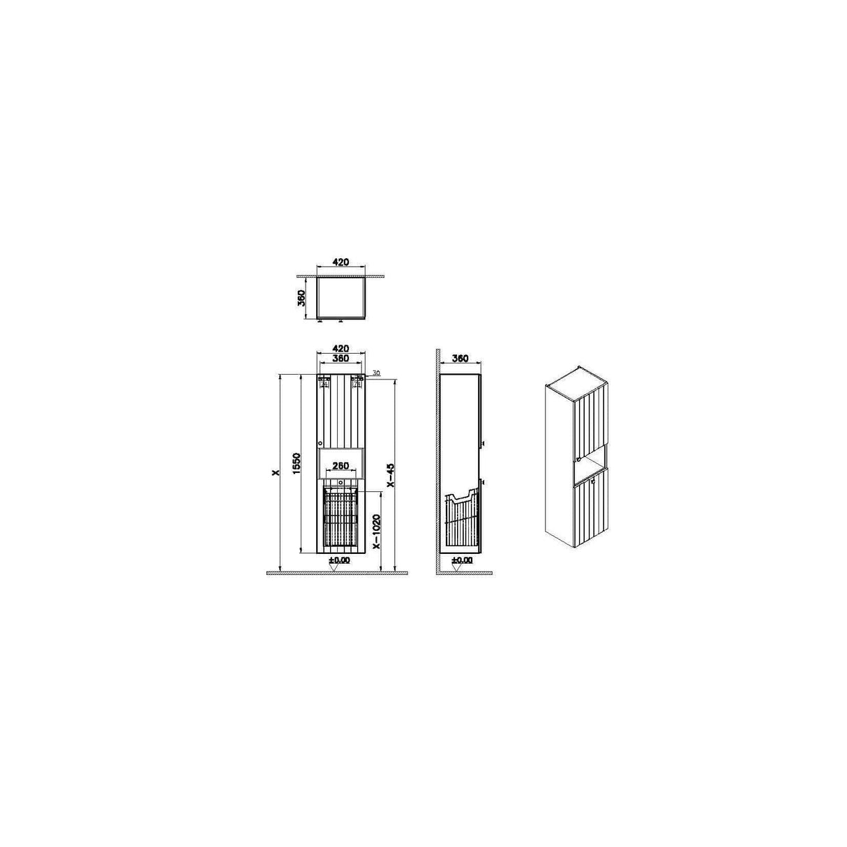 VitrA Storage Unit VitrA Root Groove Wall Mounted Storage Cabinet with Open Shelf and Laundry Basket 1500 x 420mm