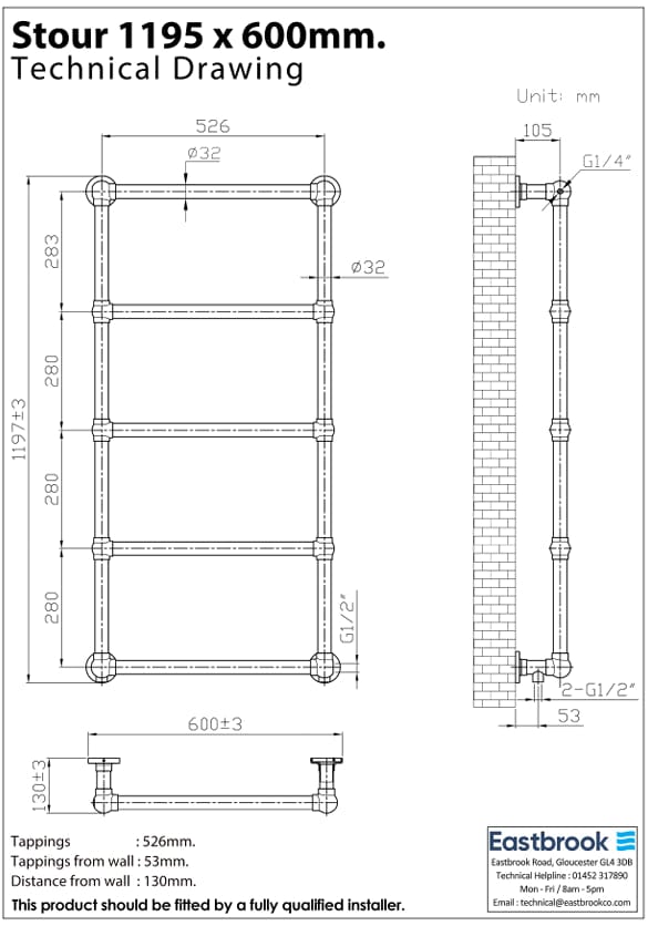 Eastbrook Traditional Towel Rail Eastbrook Stour Vertical Traditional Heated Towel Rail in Anthracite