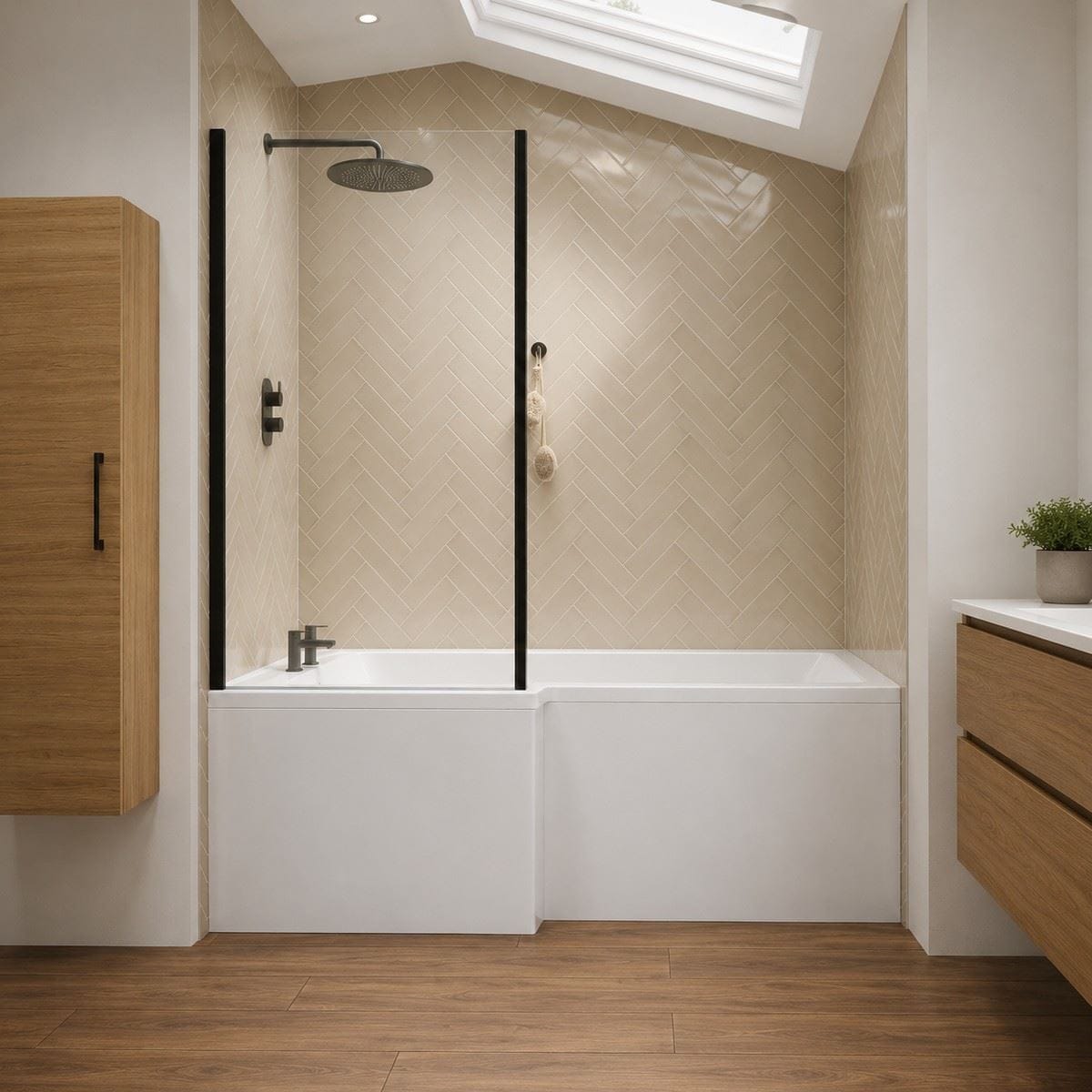 Aquarius Bathrooms L-Shaped Shower Bath Matt Black / 1800 x 850mm / Left Aquarius Urbano L-Shape Square Shower Bath Pack with Screen and Panel